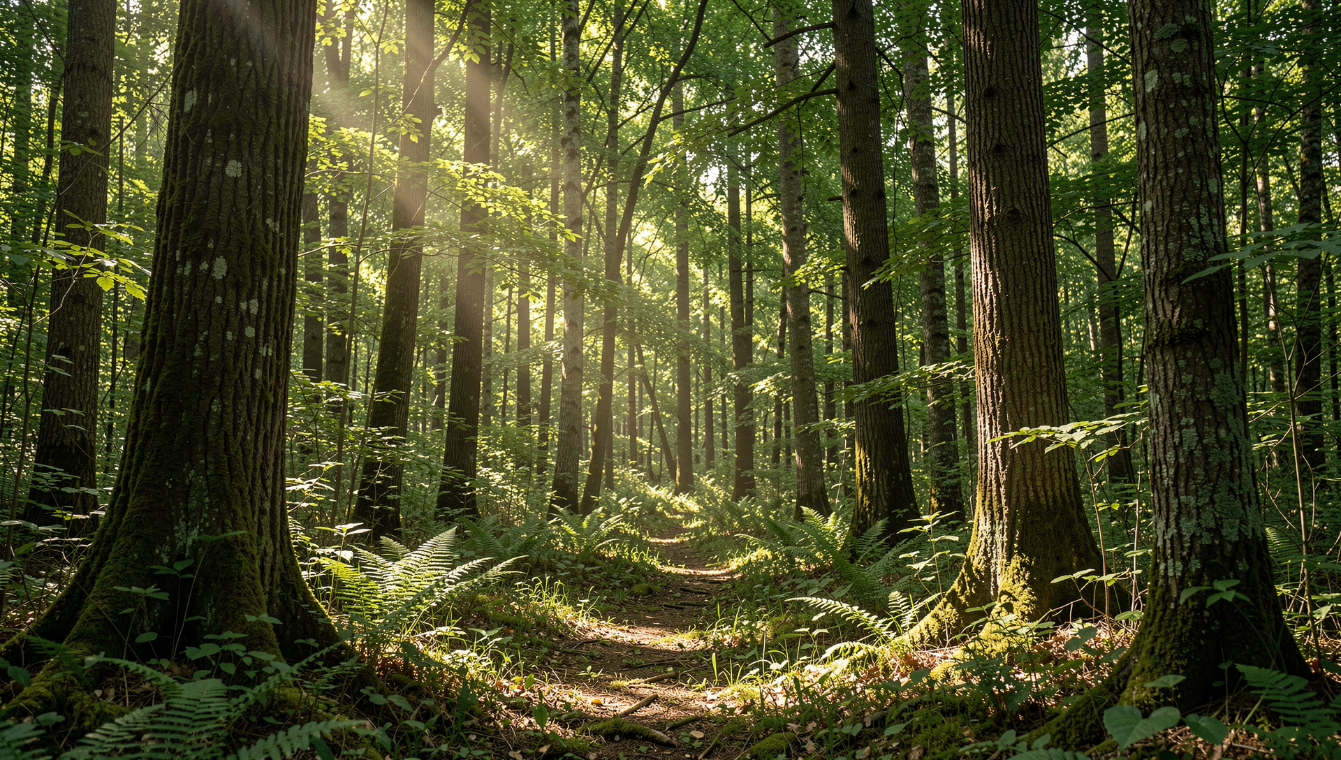 Ruudhuk - Ancient misty forest with sunbeams and moss
